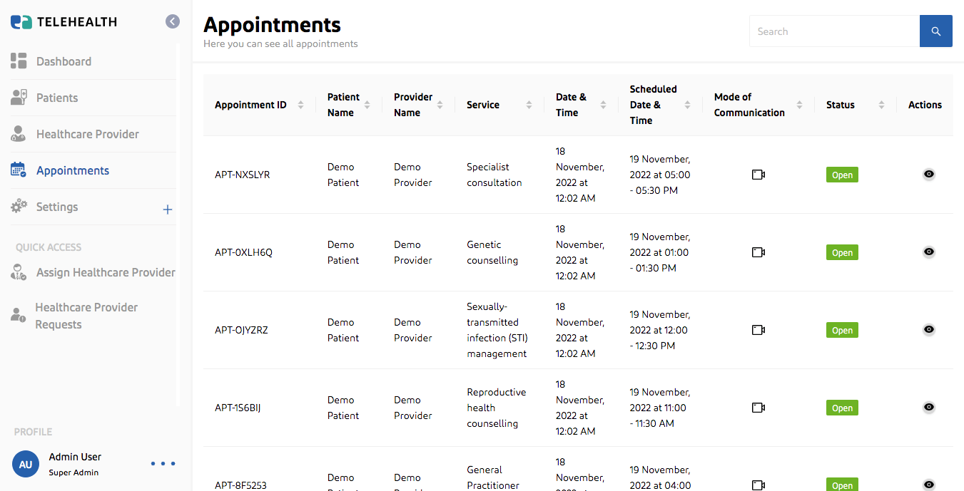 Appointment management in virtual care app