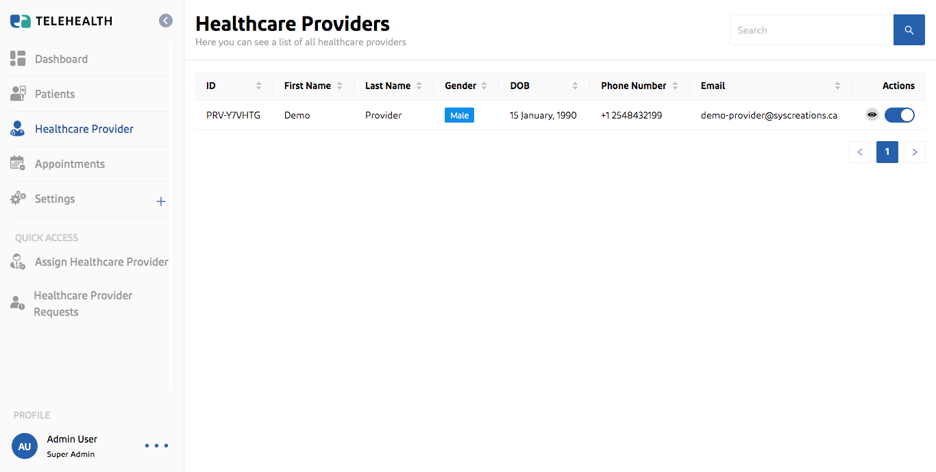 Admin can view all the care providers