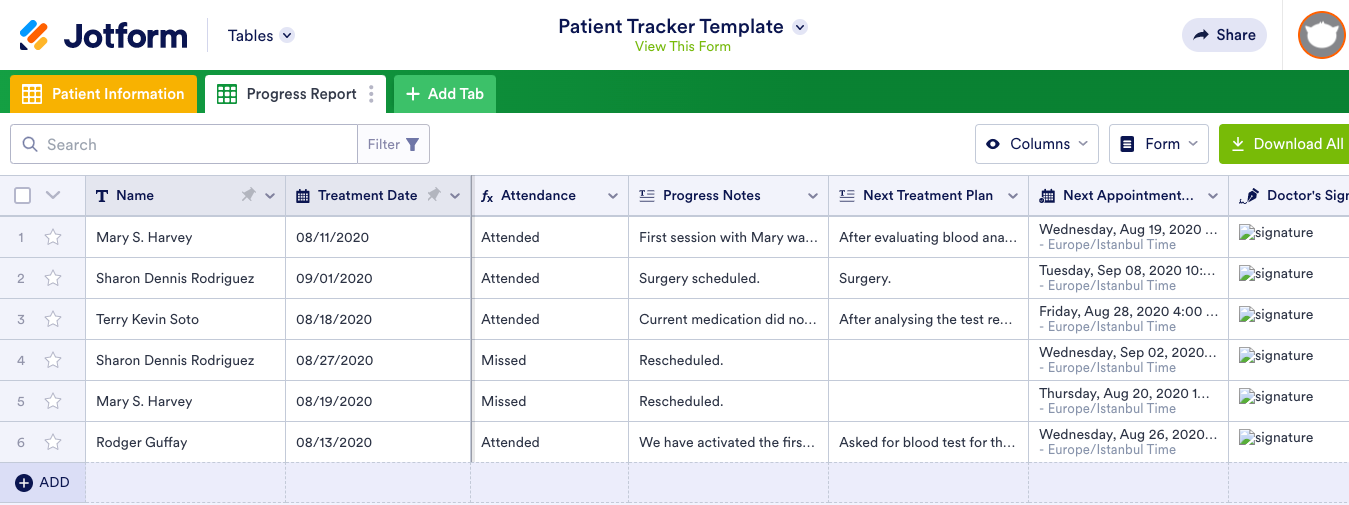 Patient tracking template