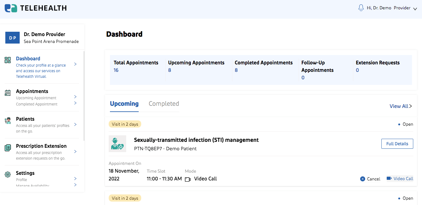 Telehealth app demo for providers